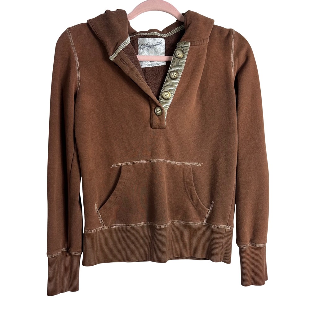 Aeropostale Brown Henley Hoodie Sweatshirt Button Kangaroo vintage y2k track